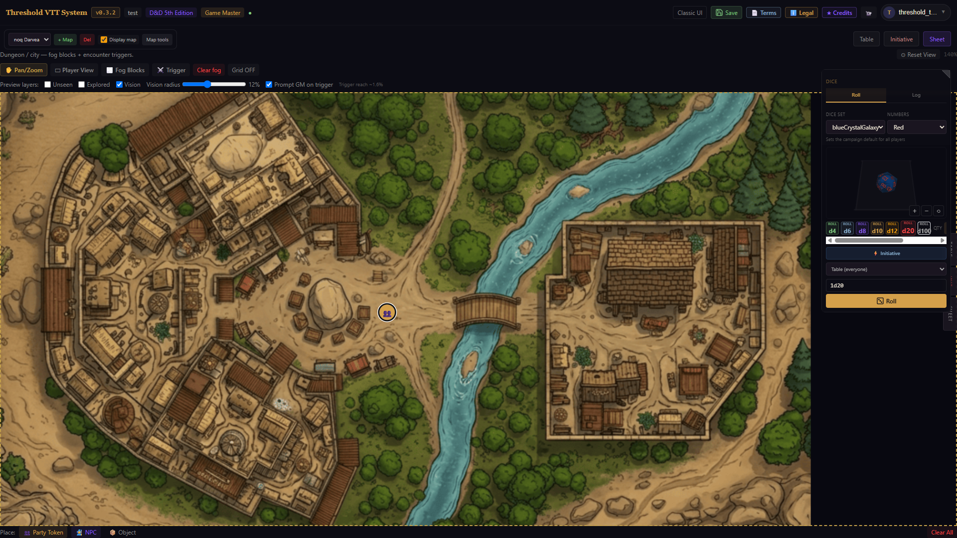 Threshold GM view showing a battlemap with fog of war, vision radius controls, and the dice roller panel